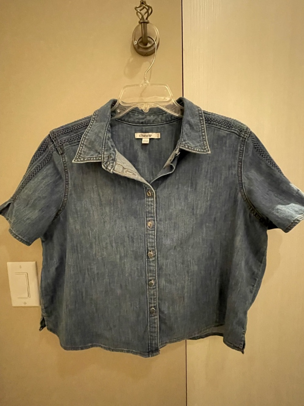 Chico's Washed Denim Short Sleeve Button-Up - Blue